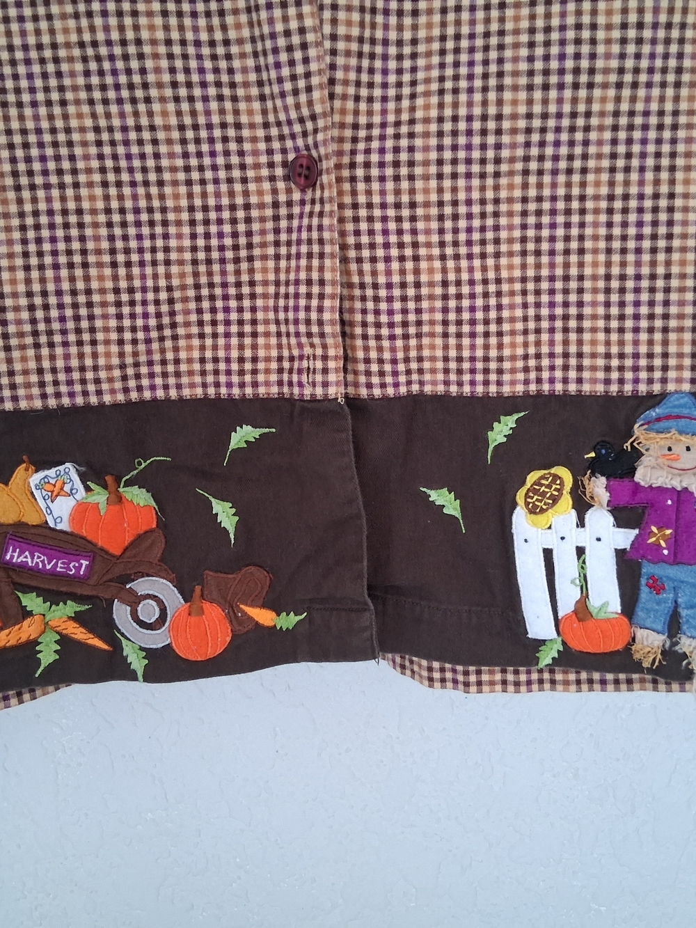 Lemon Grass Vintage Fall Harvest Scarecrow Top Womens L Brown Gingham Button